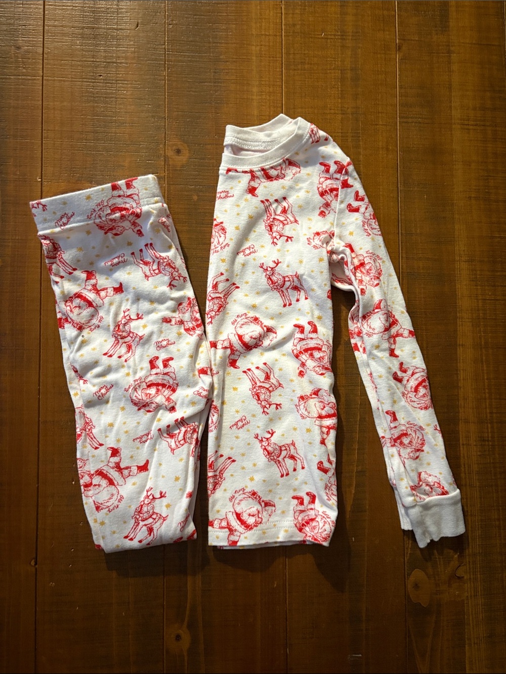 Old Navy Christmas Kids Pajama Set with Red Reindeer and Gold Stars